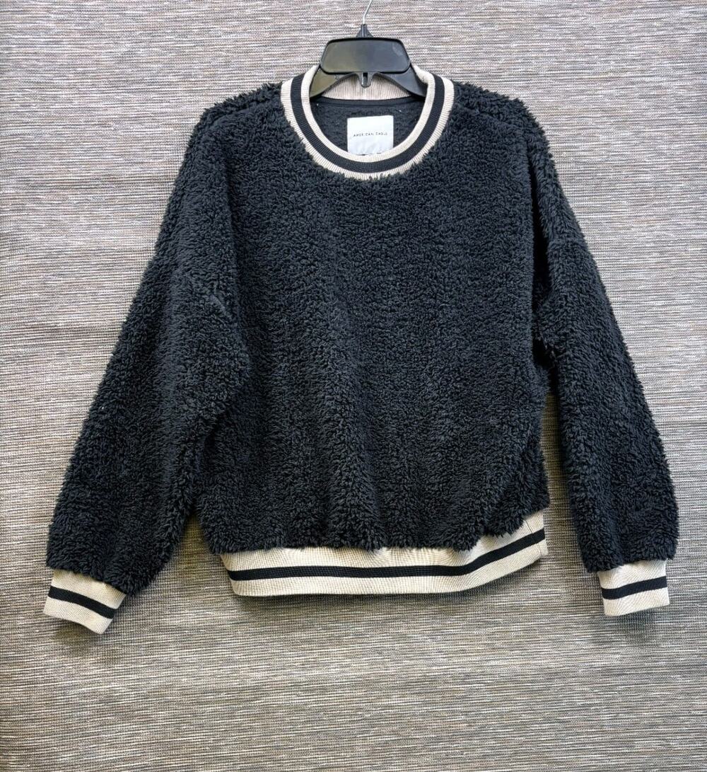 Vintage American Eagle Fleece Knit Sweater Women Size M Black Cream Long Sleeve